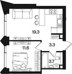 2-комн., 37.9 м², 35/44 этаж, ЖК «РАКУРС»