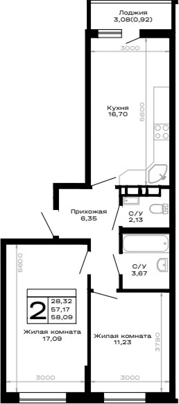 2-комн., 57.17 м², 8/16 этаж, ЖК «Горные высоты»