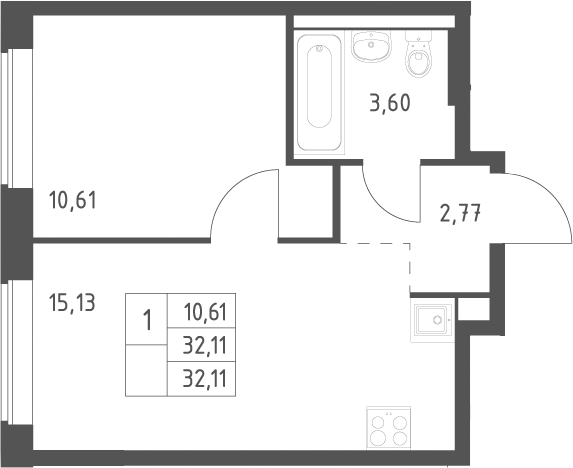2-комн., 32.11 м², 8/12 этаж, ЖК «Большое Юрлово»