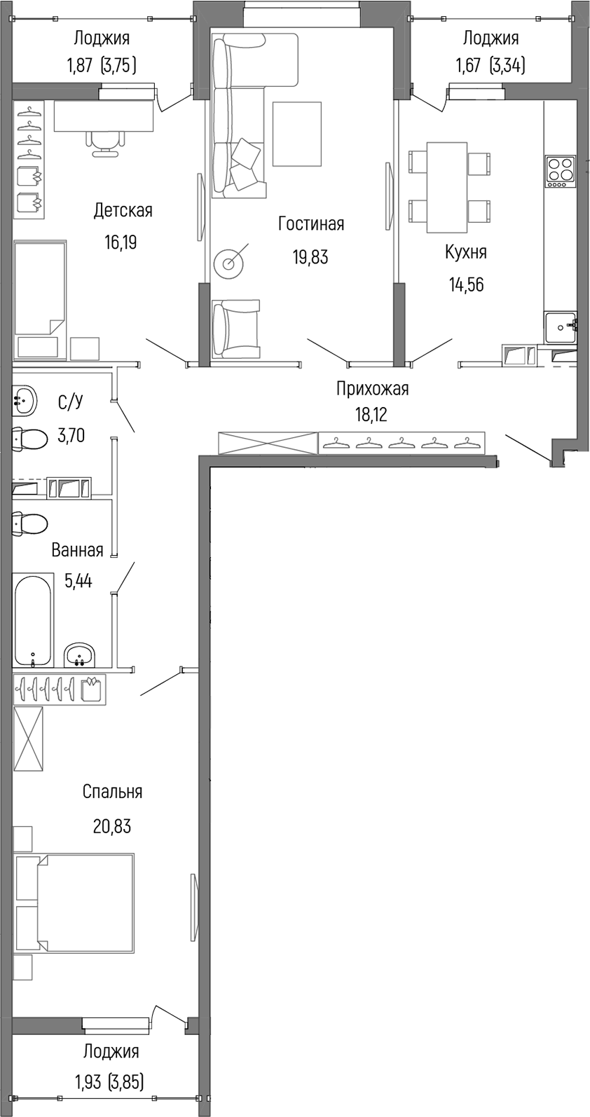 3-комн., 98.68 м², 8/9 этаж, ЖК «Рига Хиллс»
