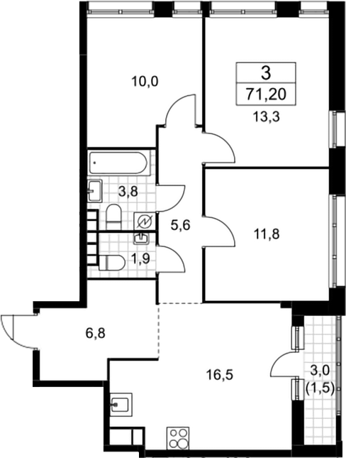 3-комн., 69.7 м², 10/10 этаж, ЖК «Родные кварталы»