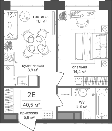 2-комн., 40.5 м², 6/20 этаж, ЖК «Михалковский»