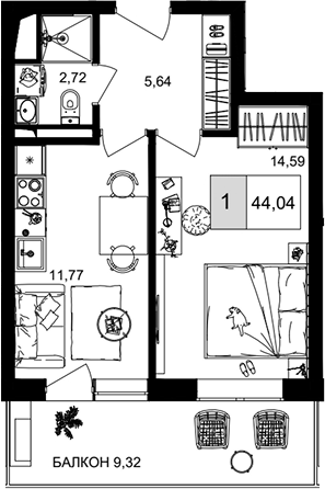 Продается 1-комн. квартира, 34.72 м²
