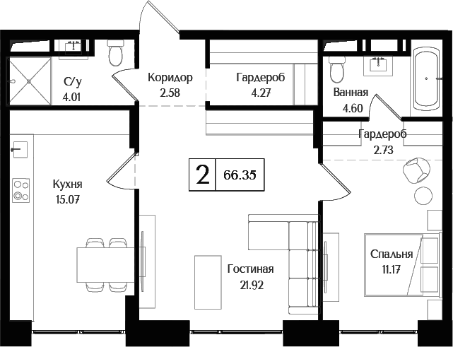 2-комн., 66.35 м², 6/6 этаж, ЖК «Преображенская площадь»