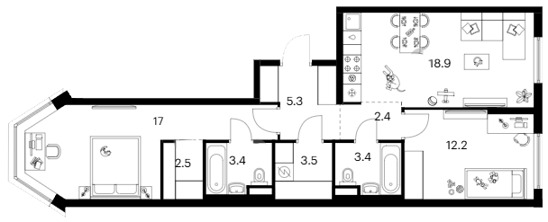 2-комн., 68.6 м², 2/12 этаж, ЖК «Москворечье»