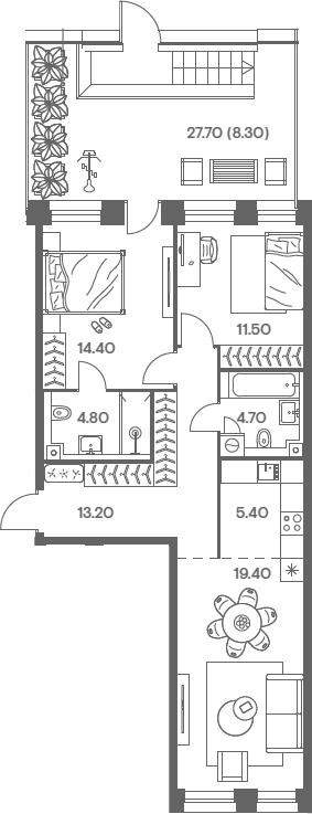 3-комн., 73.4 м², 2/10 этаж, ЖК «Инджой»