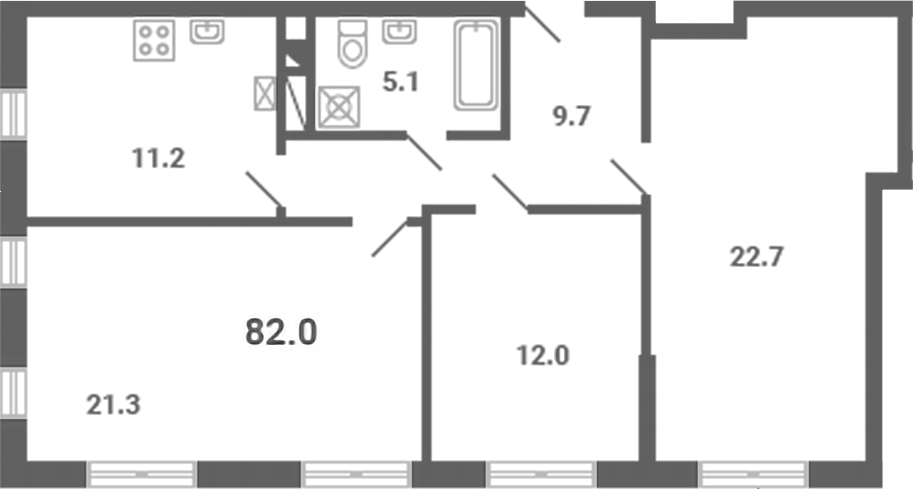 3-комн., 82 м², 1/4 этаж, ЖК «Южная Долина»