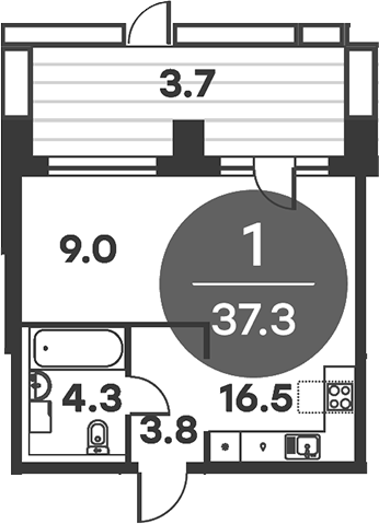 1-комн., 36.49 м², 1/6 этаж, ЖК «Равновесие»