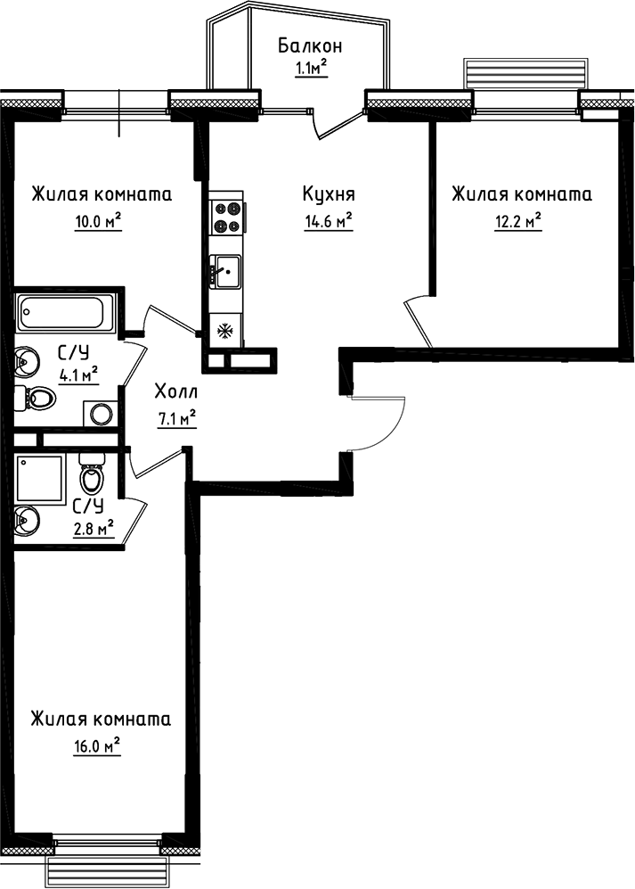 3-комн., 66.8 м², 2/8 этаж, ЖК «Коллекция»