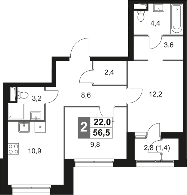 2-комн., 55.1 м², 42/44 этаж, ЖК «Скай Гарден»