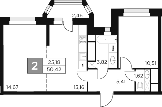 2-комн., 49.19 м², 3/15 этаж, ЖК «Восток 2»