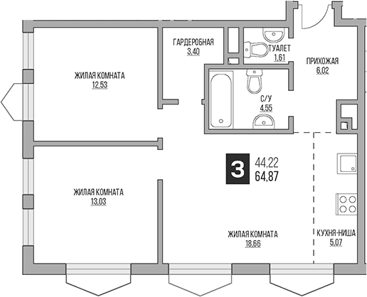 3-комн., 64.87 м², 21/23 этаж, ЖК «Гранель Коломенское»