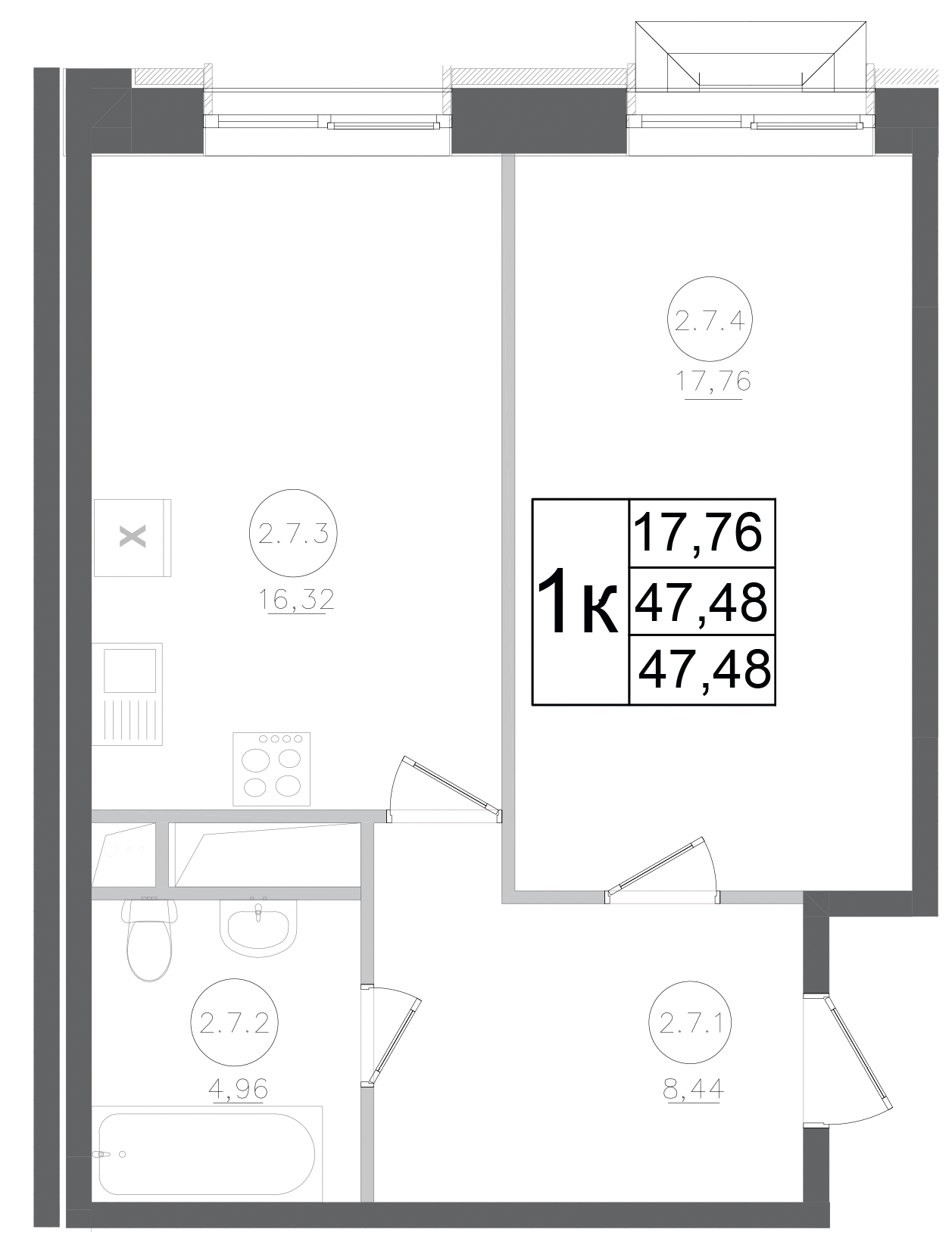 1-комн., 47.48 м², 5/17 этаж, ЖК «Авиатор-2»