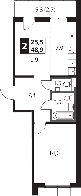 2-комн., 46.2 м², 24/25 этаж, ЖК «1-й Южный»