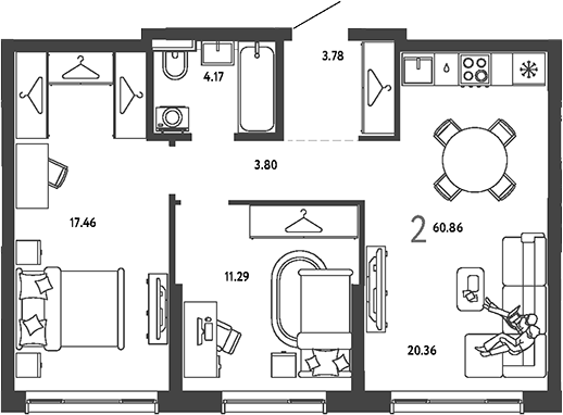 2-комн., 60.86 м², 14/19 этаж, ЖК «Страна.Парковая»