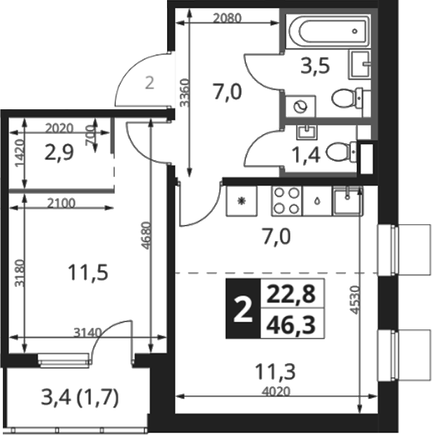 2-комн., 44.6 м², 18/18 этаж, ЖК «1-й Ясеневский»