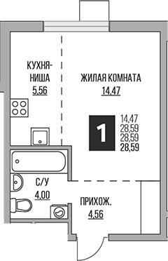 Студия, 28.59 м², 13/14 этаж, ЖК «Гранель Притяжение Сити»