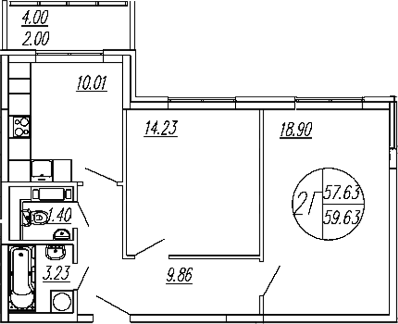 2-комн., 57.63 м², 4/4 этаж, ЖК «Шолохово»