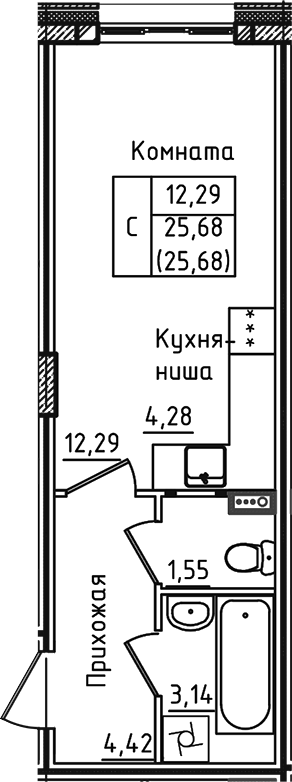 Студия, 25.68 м², 1/5 этаж, ЖК «Зеленый город»