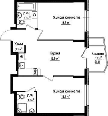 2-комн., 56.3 м², 6/8 этаж, ЖК «Коллекция»