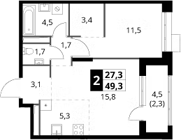 2-комн., 47 м², 23/25 этаж, ЖК «1-й Саларьевский»