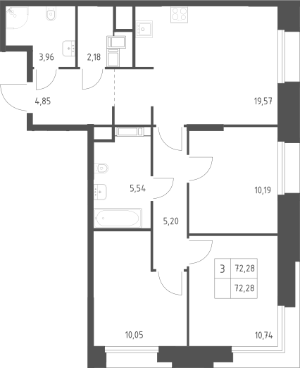 3-комн., 72.28 м², 8/23 этаж, ЖК «Тропарево Парк»