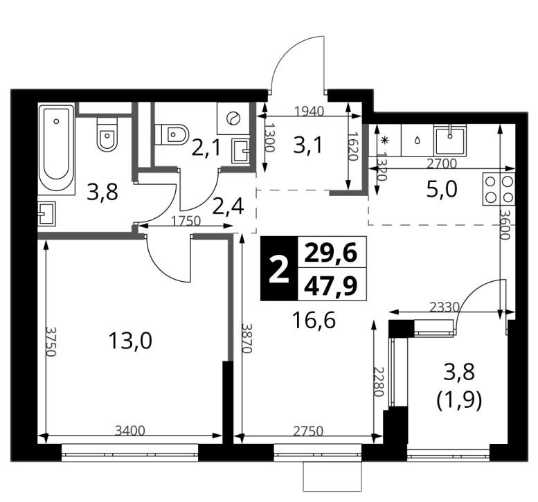 2-комн., 46 м², 15/18 этаж, ЖК «1-й Ясеневский»