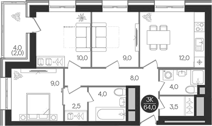 3-комн., 62 м², 30/32 этаж, ЖК «Кантемировский»