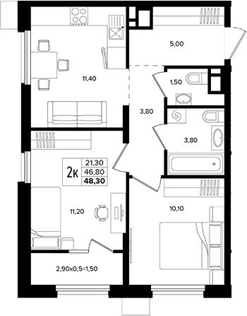 2-комн., 46.8 м², 11/15 этаж, ЖК «Лермонтов Парк»