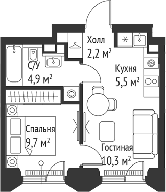 2-комн., 32.6 м², 14/59 этаж, ЖК «СЕТ»