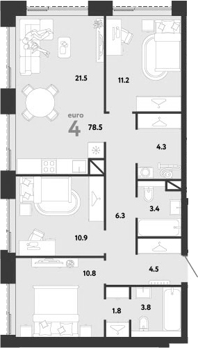 4+ комнаты, 78.5 м², 30/38 этаж, ЖК «Страна.Заречная»