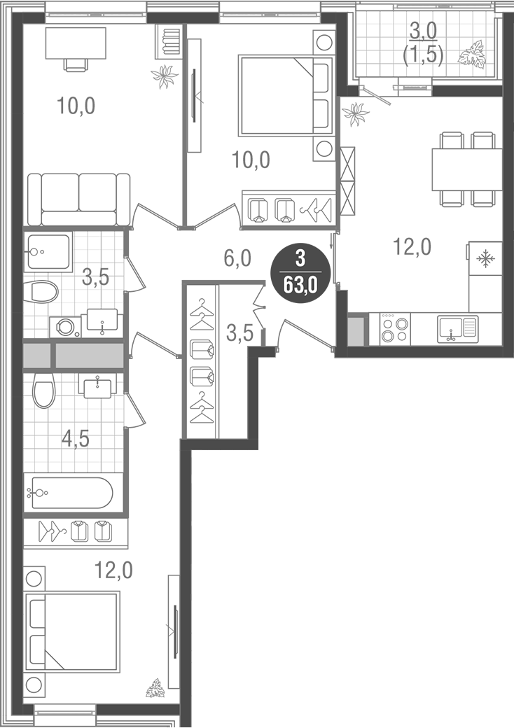3-комн., 61.5 м², 10/26 этаж, ЖК «Кантемировский»