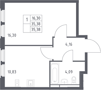 1-комн., 35.38 м², 9/17 этаж, ЖК «Космический Квартал»