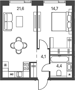 2-комн., 44.8 м², 9/40 этаж, ЖК «Моментс»