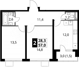 2-комн., 55.5 м², 24/24 этаж, ЖК «1-й Донской»