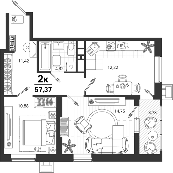 2-комн. квартира, 53.59 м² в ЖК Родные Просторы — фото 2