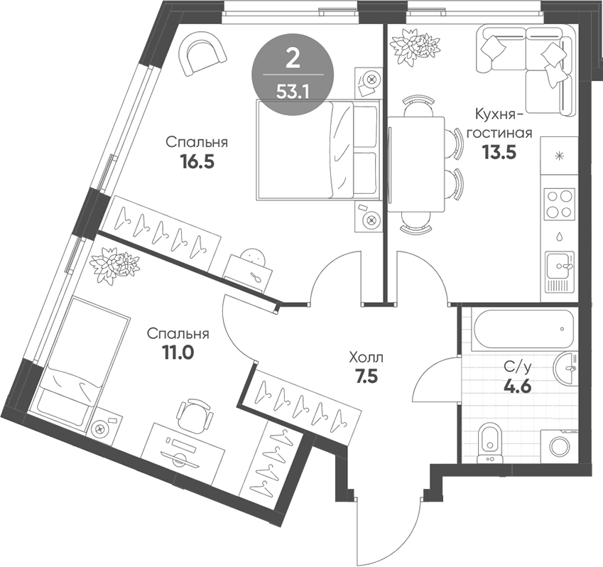 3-комн., 53.1 м², 21/27 этаж, ЖК «Шагал»