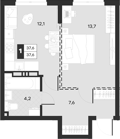 1-комн., 37.6 м², 10/17 этаж, ЖК «Луиджи»