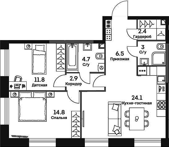 3-комн., 70.2 м², 20/27 этаж, ЖК «ЭРА»