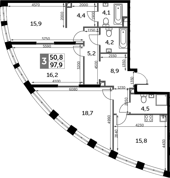 3-комн., 97.9 м², 37/44 этаж, ЖК «Сидней Сити»