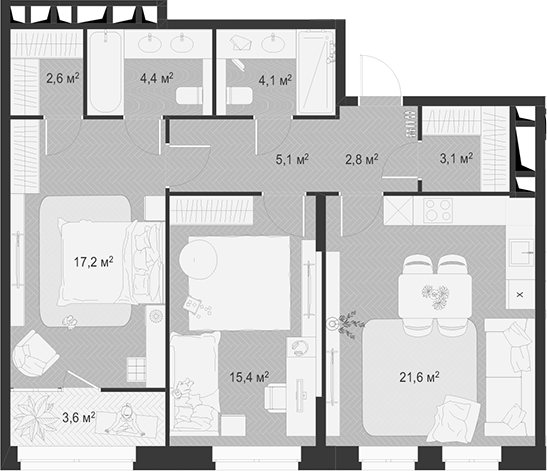 3-комн., 76.3 м², 3/18 этаж, ЖК «Гранд Комфорт»