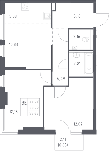 3-комн., 55 м², 11/17 этаж, ЖК «Пригород Лесное»