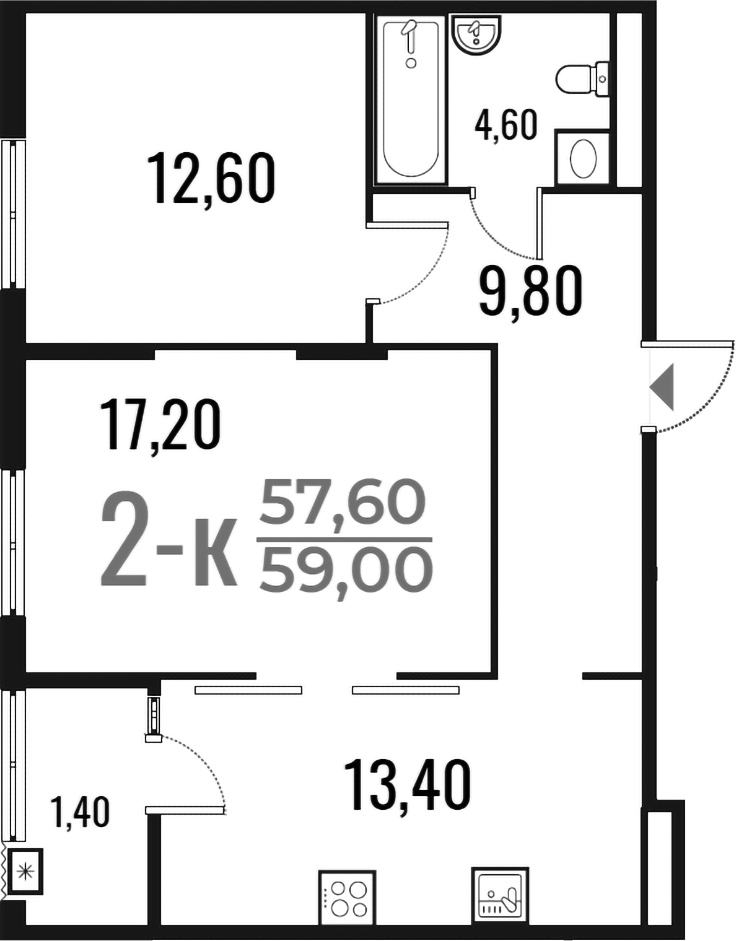 2-комн., 57.6 м², 5/8 этаж, ЖК «Новое Летово»