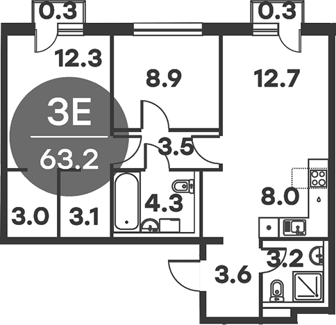 3-комн., 62.6 м², 6/6 этаж, ЖК «Равновесие»