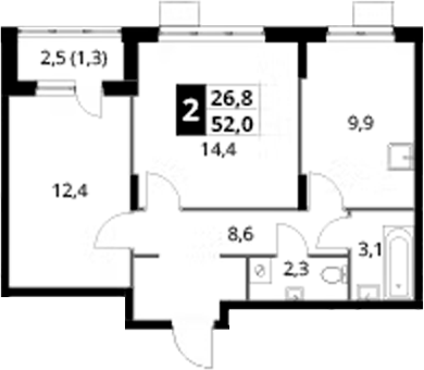 2-комн., 50.7 м², 12/24 этаж, ЖК «1-й Донской»