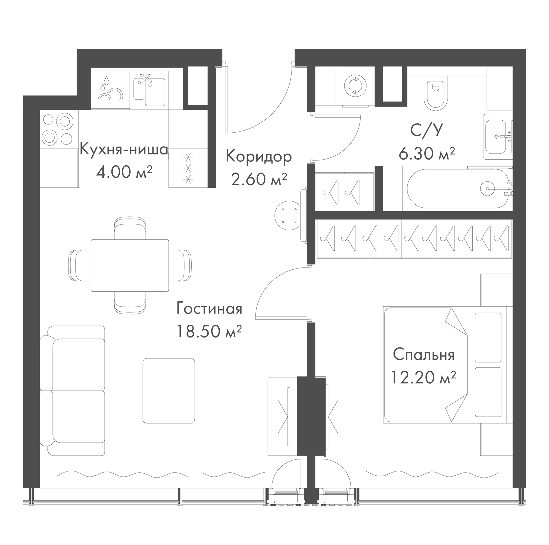 2-комн., 43.6 м², 24/36 этаж, ЖК «Слава»