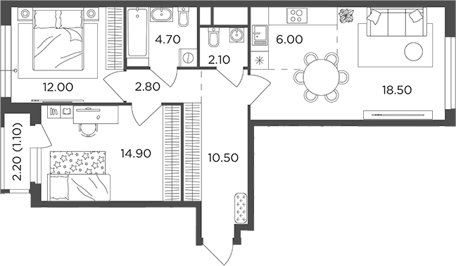 3-комн., 71.5 м², 10/22 этаж, ЖК «Филатов Луг»