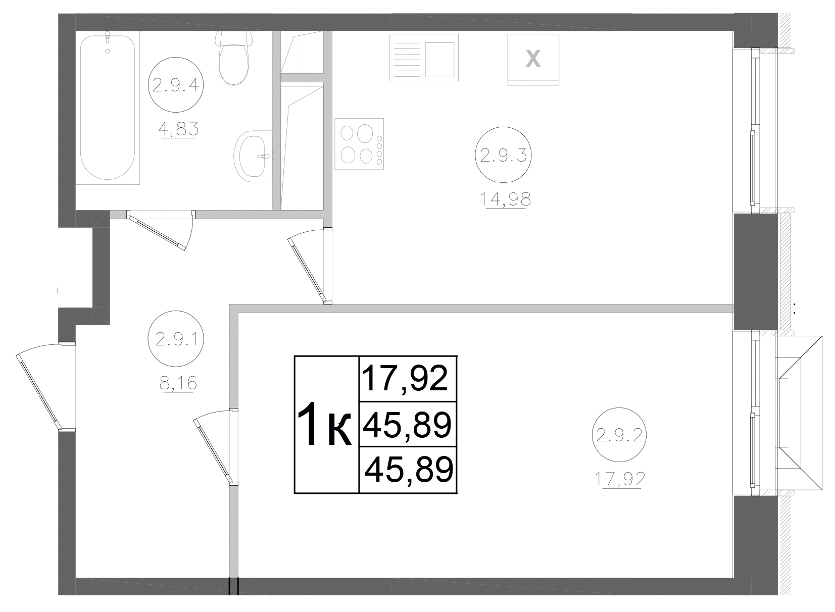 1-комн., 45.89 м², 4/17 этаж, ЖК «Авиатор-2»