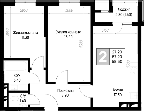 2-комн., 57.3 м², 7/9 этаж, ЖК «На высоком берегу»