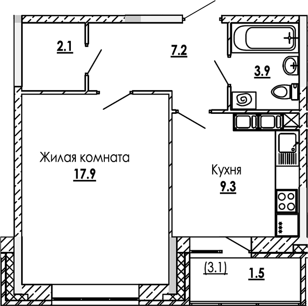 1-комн., 40.4 м², 5/12 этаж, ЖК «Малиново»